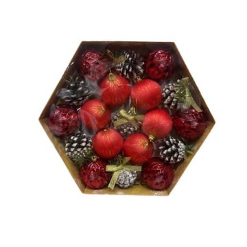 Christmas Ornament Set, Pine Cones and Baubles, Hexagon Gift Box-Red
