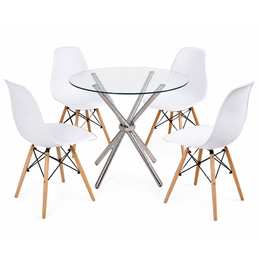 Modern Glass Dining Table Set with 4 White Chairs - Scandinavian Style