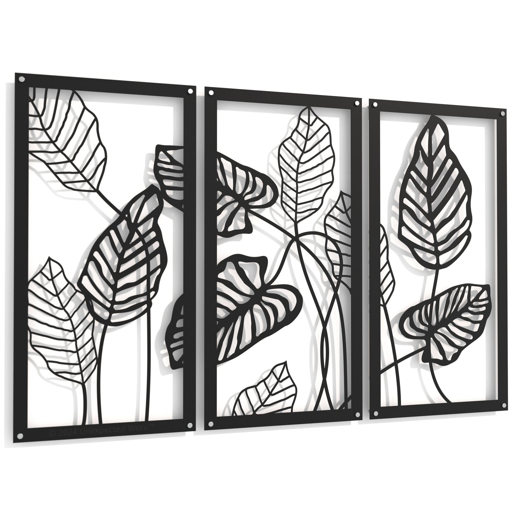 Tropical Foliage Black - 3-Panel Raised Metal Wall Art - 124x80cm