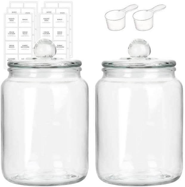 2 Pack Glass Jars For Laundry Room Organisation With Lid & Labels-2Liter