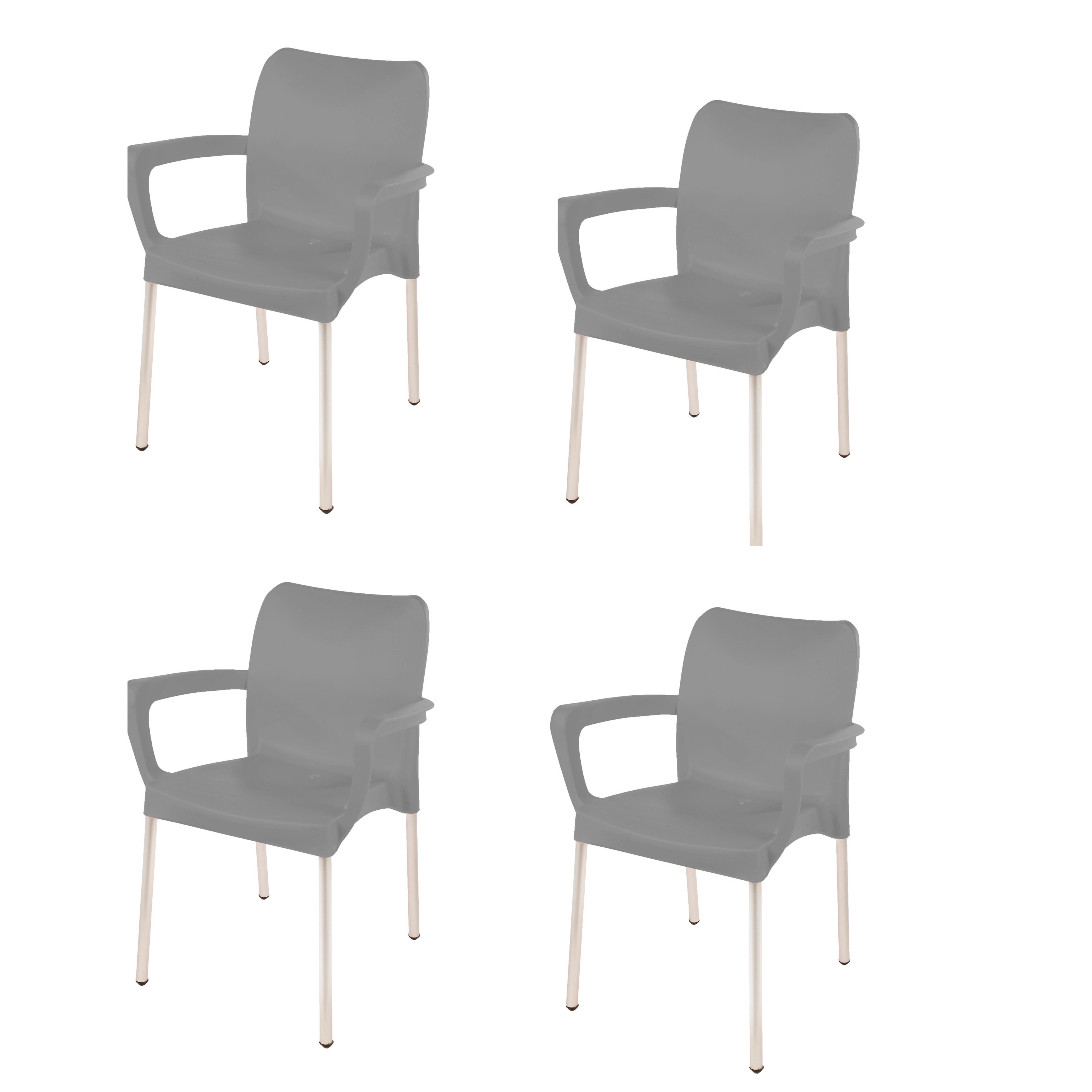Heavy Duty Plastic Stacking Chair – Bistro Design with Armrests - Kalahari Grey - Set of 4