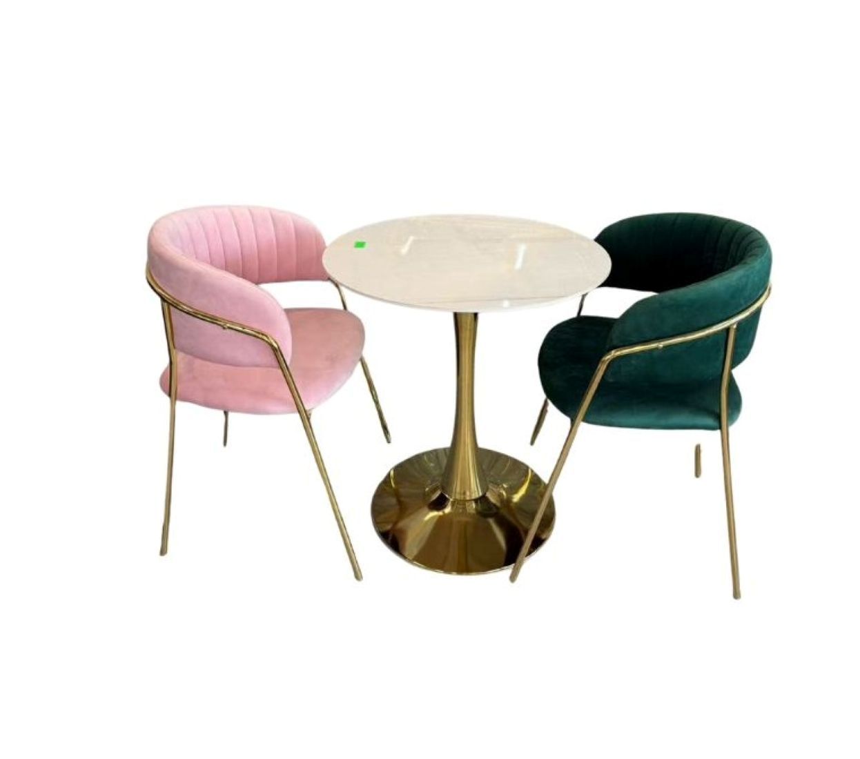 Modern 3-Piece Dining Set, Velvet Chairs with Gold Frame, Round Marble-Look Table, Pink and Green