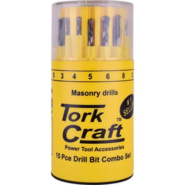 Drill Bit 15Pc Set Combo Wood + Masonry + Hss In Plastic Container