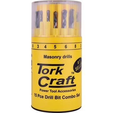 Drill Bit 15Pc Set Combo Wood + Masonry + Hss In Plastic Container