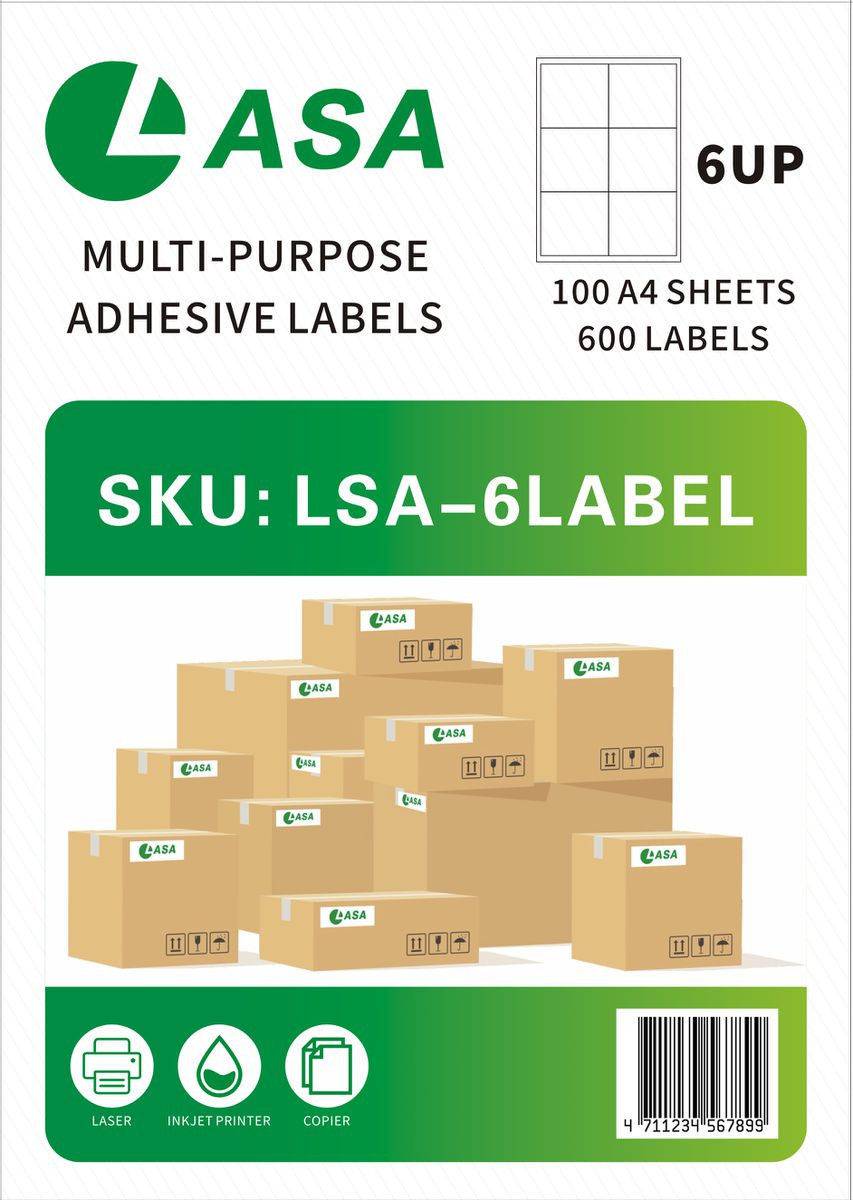 LASA 6 Up 100 A4 Sheets Barcode Adhesive Label