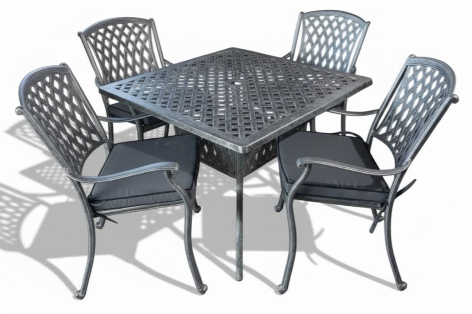 Tuscan Aluminium Dining Set 4-Seater 1000mm Square (Silver, Charcoal Cushions)