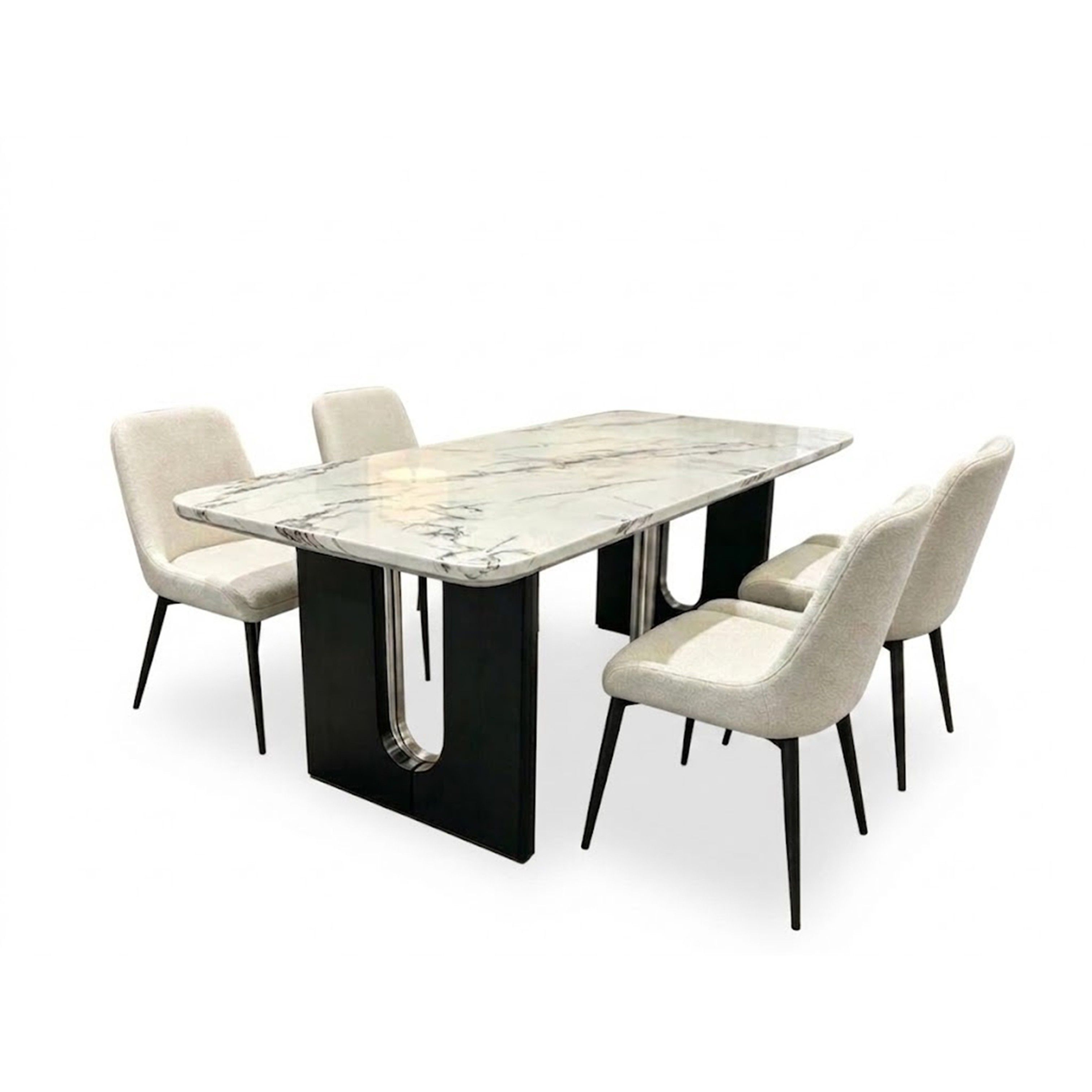Madiega Furniture - Luxury Marble Top 4-Piece Dining Table Set with U-Shaped Base & Bouclé Chairs