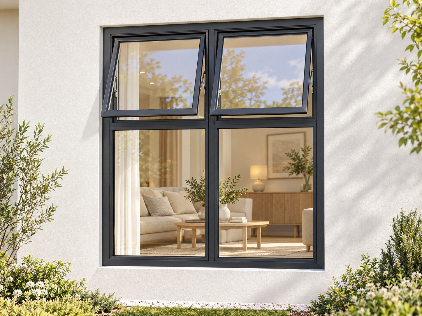 Kenzo Premium Top-Hung Aluminium Window - Charcoal, 1200 1500 mm, Two Upper Openers with Fixed Lower Panes, Clear Glass