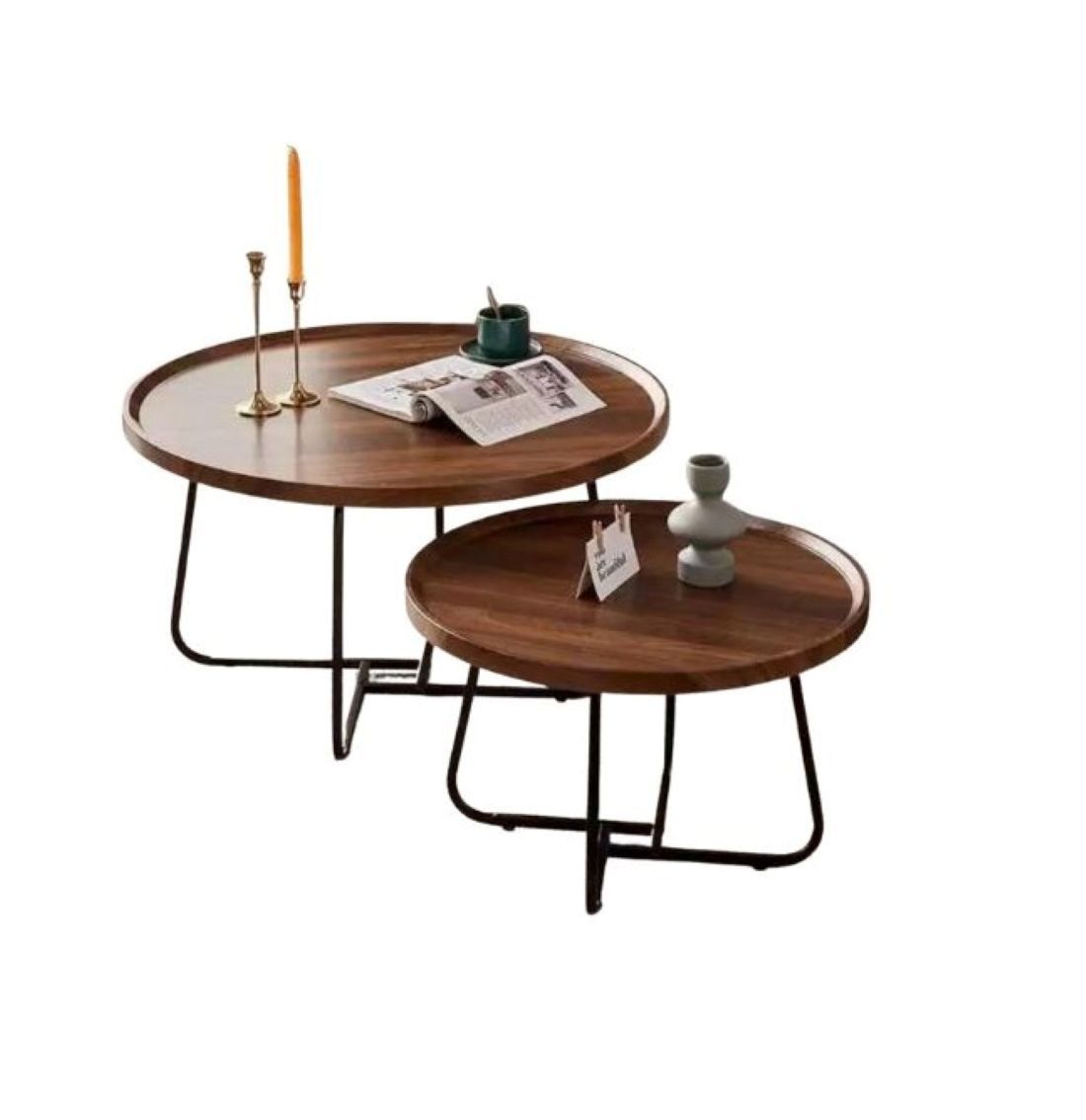 Modern Nesting Coffee Tables Set, Round Walnut Wood Top with Black Metal Base, 2-Piece