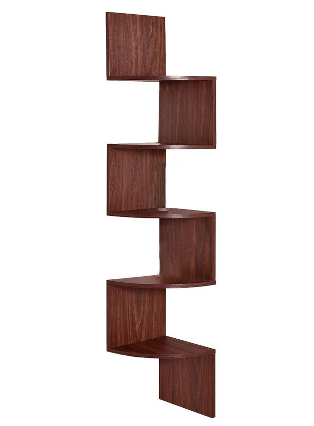 5 Tier Floating Corner Shelves For Wall Hanging Bookshelf Décor - 123cm Long - Deep Walnut