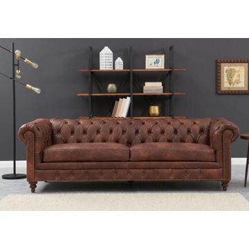 Figure It Out Chesterfield Brown Euro Leather 3pc Couch set