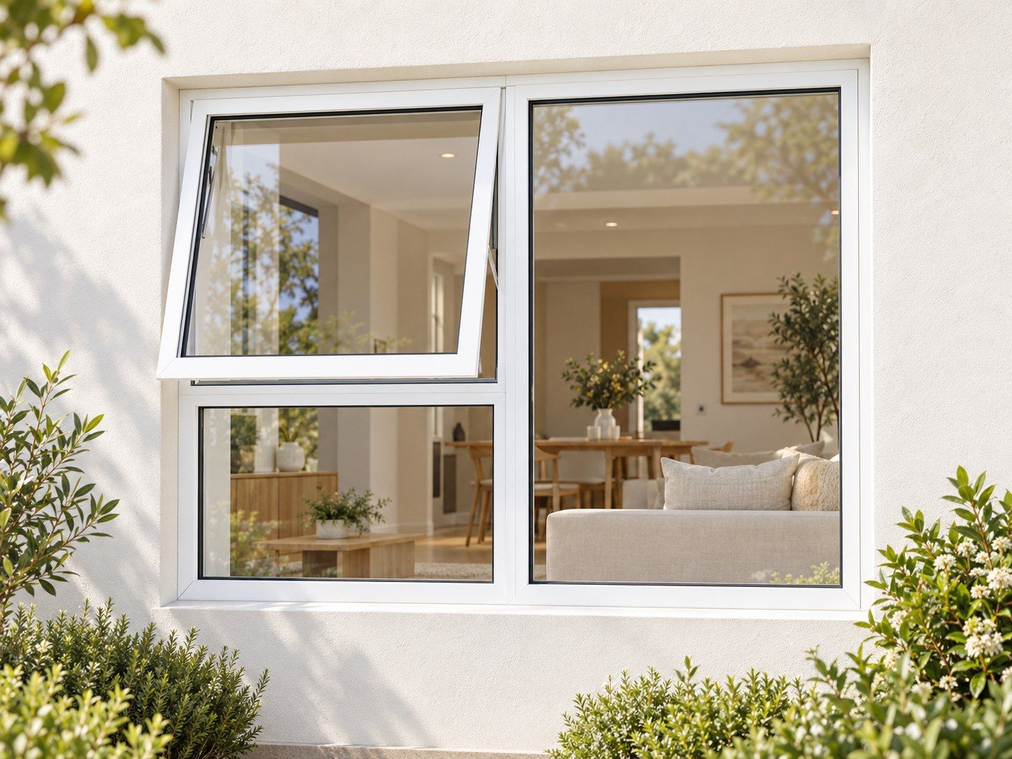 Kenzo Premium Top-Hung Aluminium Window - White, 1200 900 mm, Left Upper Opener with Fixed Lower and Side Panes, Clear Glass
