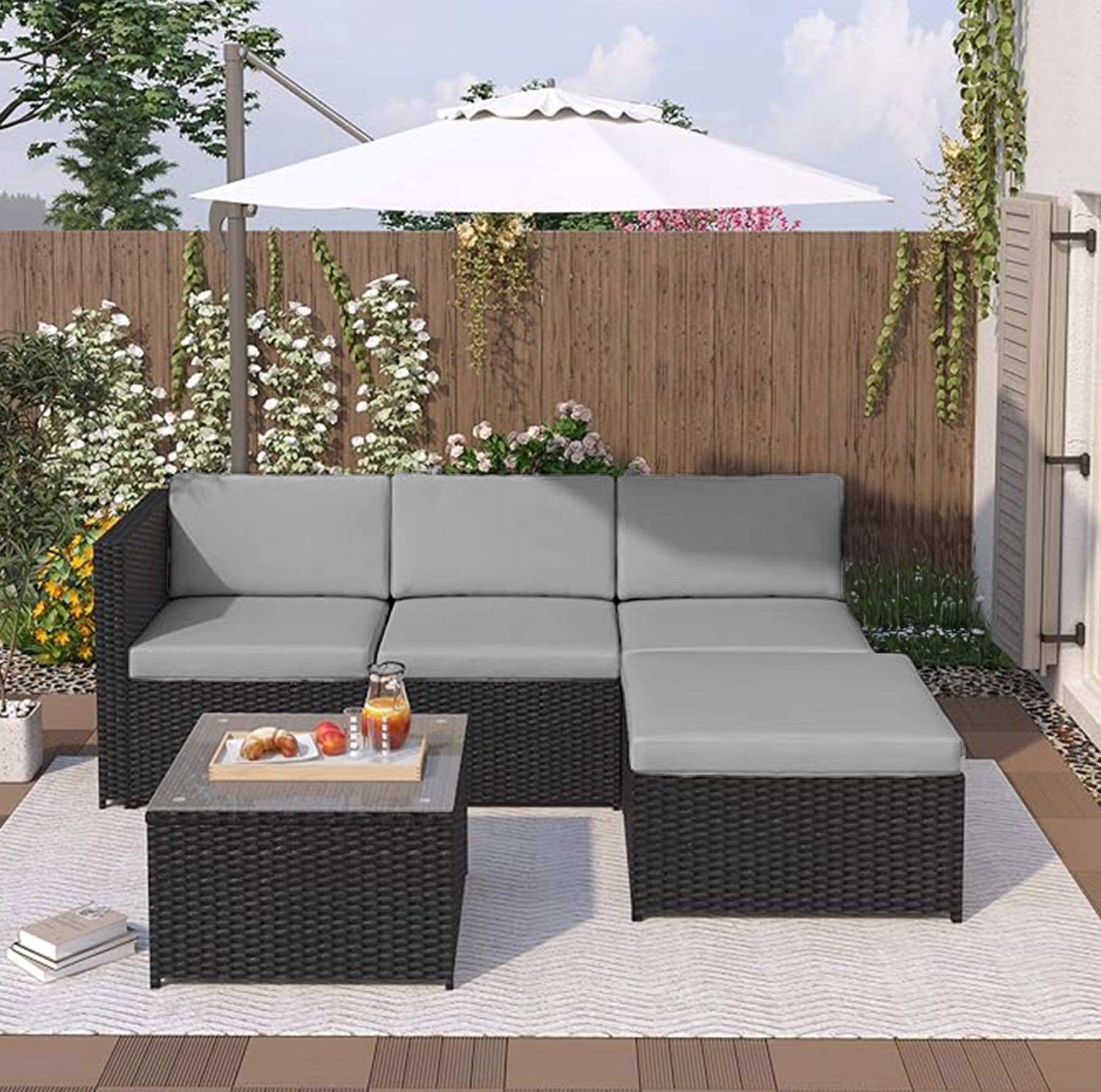 Livorno Corner Patio Set - Black with L. Grey Cushions