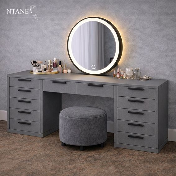 New Angela Dressing Table Combo/ Grey - Dresser, Ottoman and LED Mirror