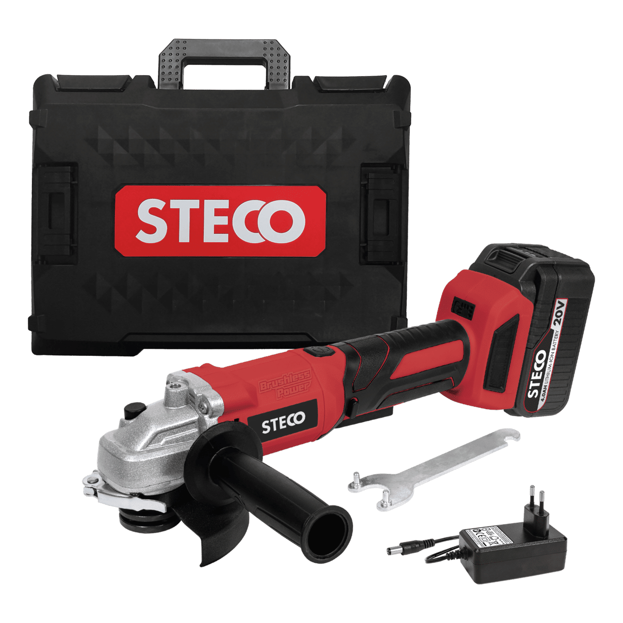 STECO 20V ANGLE GRINDER KIT 115MM, WITH 1.5A CHARGER, 4AH LITIUM-ION BATT, GUARD, WRENCH, AUX-HANDLE & BLOW MOULD CARRY CASE