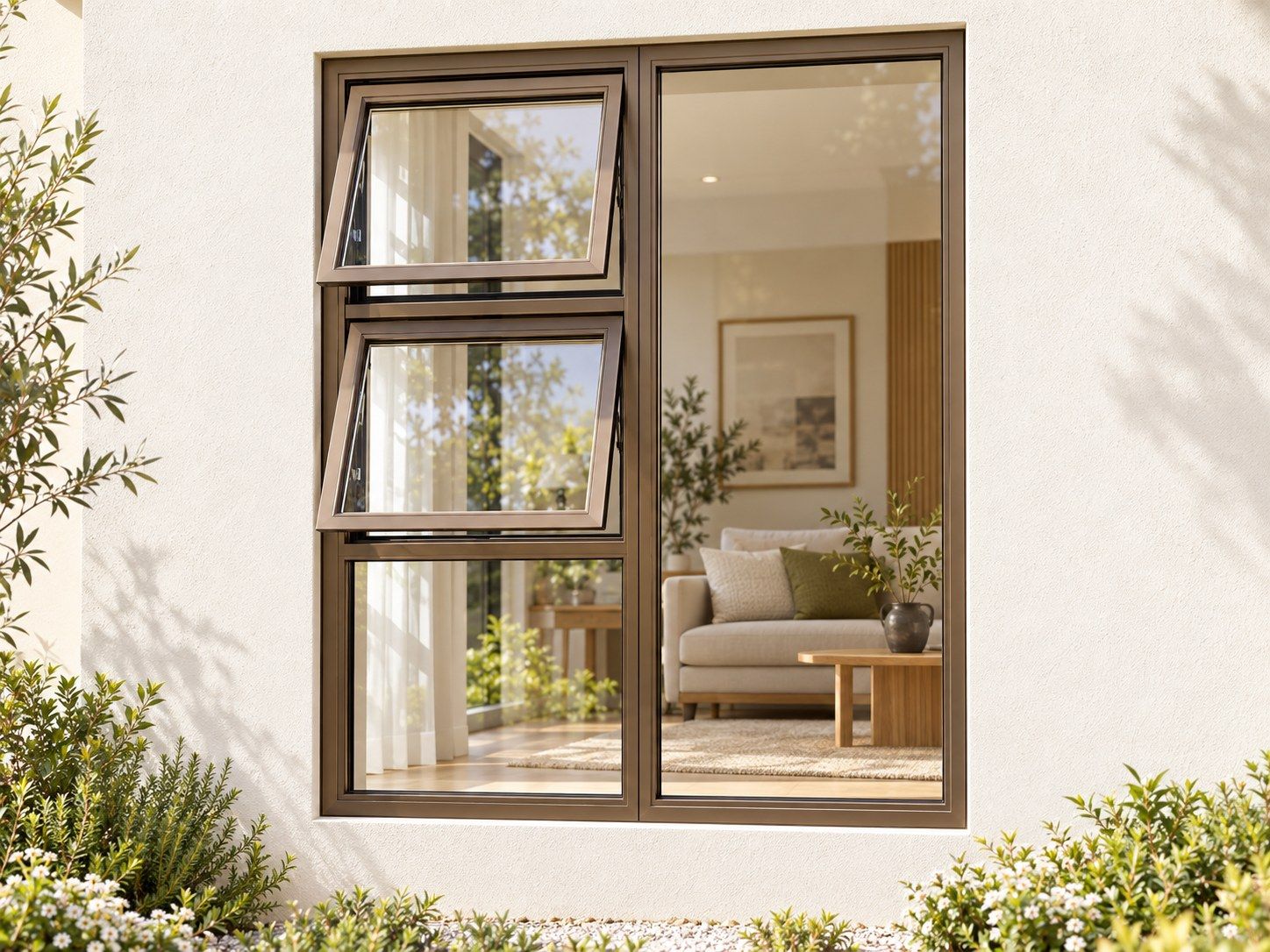 Kenzo Premium Top-Hung Aluminium Window - Bronze, 1200 1800 mm, Left Two Openers with Fixed Lower and Side Panes, Clear Glass