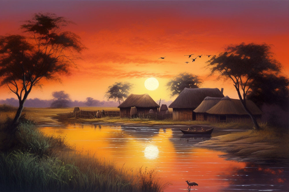 Canvas Wall Art - African Village Sunset View - A1490 - [120 x 80 cm]