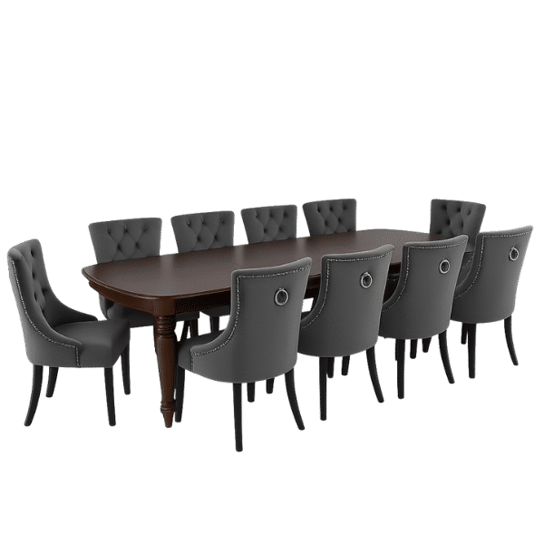 Lacazette Dining Set – Dark Wood Table with 10 Velvet Chairs