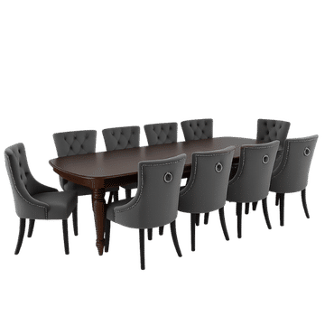 Lacazette Dining Set – Dark Wood Table with 10 Velvet Chairs
