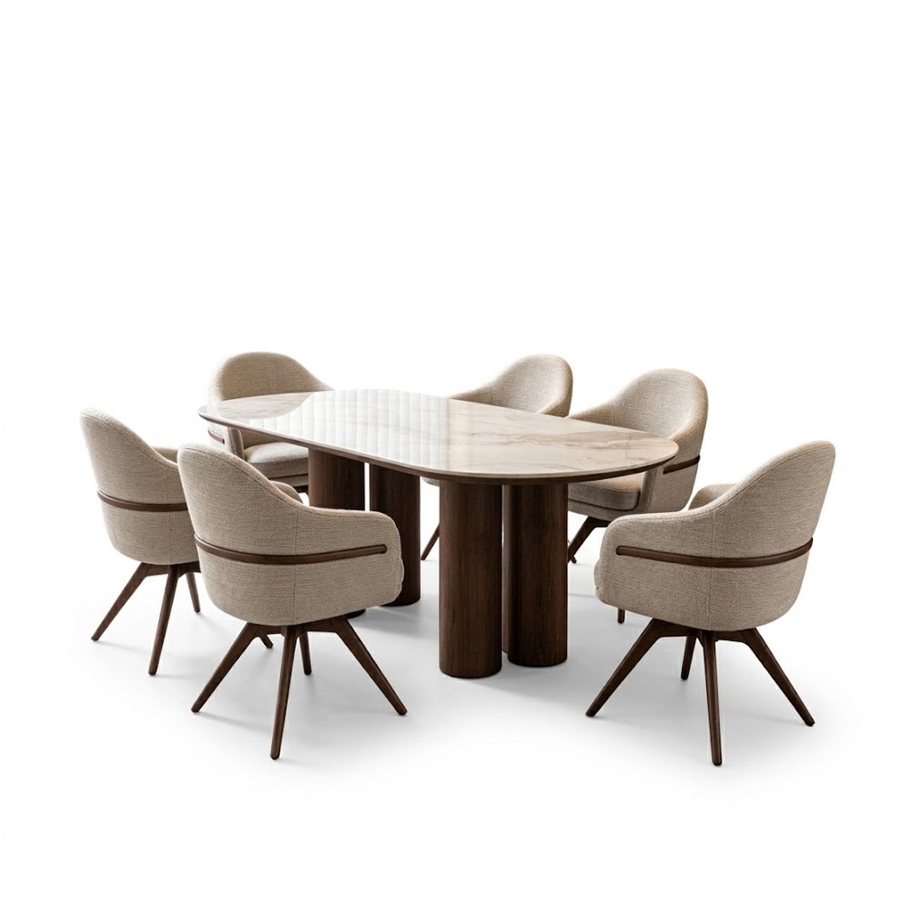 Madiega Furniture - Sienna Oval Marble Dining Table with 6 Swivel Upholstered Chairs Set