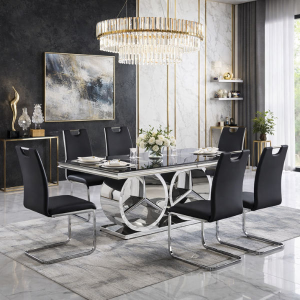 Merc Modern Room Dining Set – 7 Piece Contemporary Chrome Dining Suite