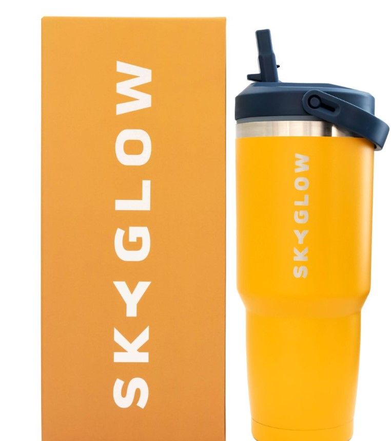 SkyGlow -Stainless Steel Tumbler with Straw, Vacuum Insulated Water Bottle - Sunset Orange