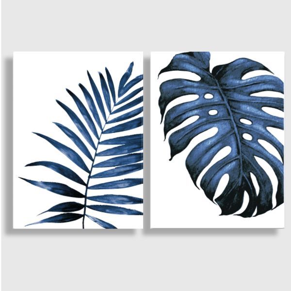 CANVAS WALL ART BLUE LEAF SET EACH 50x70cm