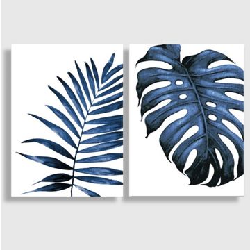 CANVAS WALL ART BLUE LEAF SET EACH 50x70cm