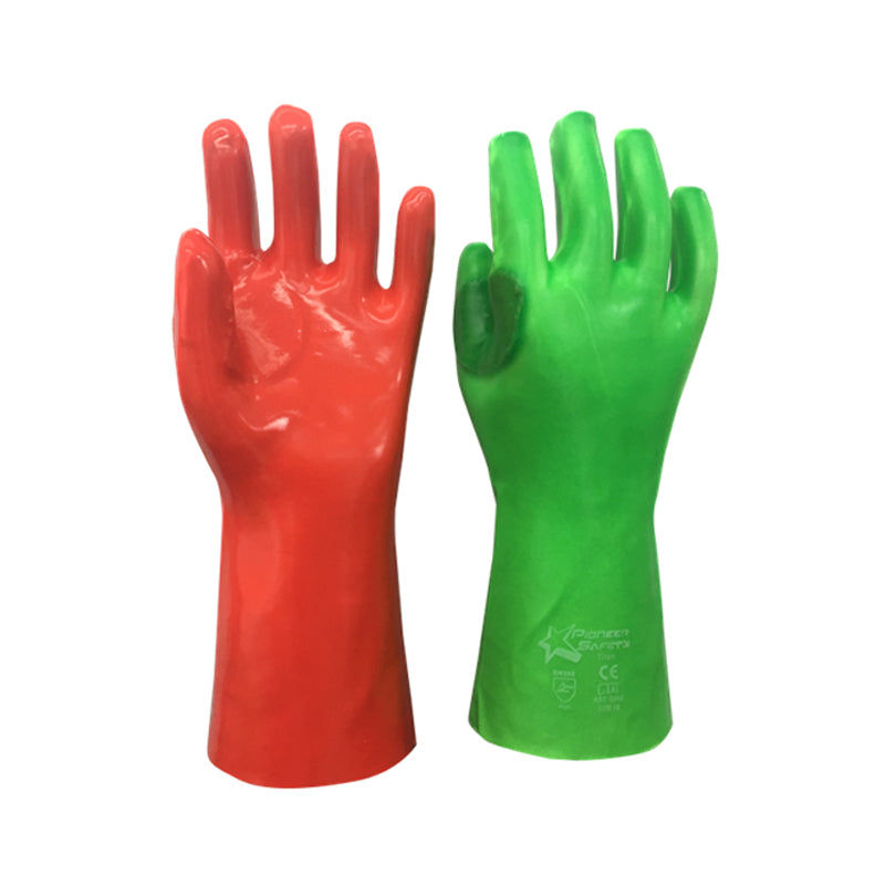 PIONEER SAFETY Gloves PVC Reinforced High Visibility Red/Green Elbow ...