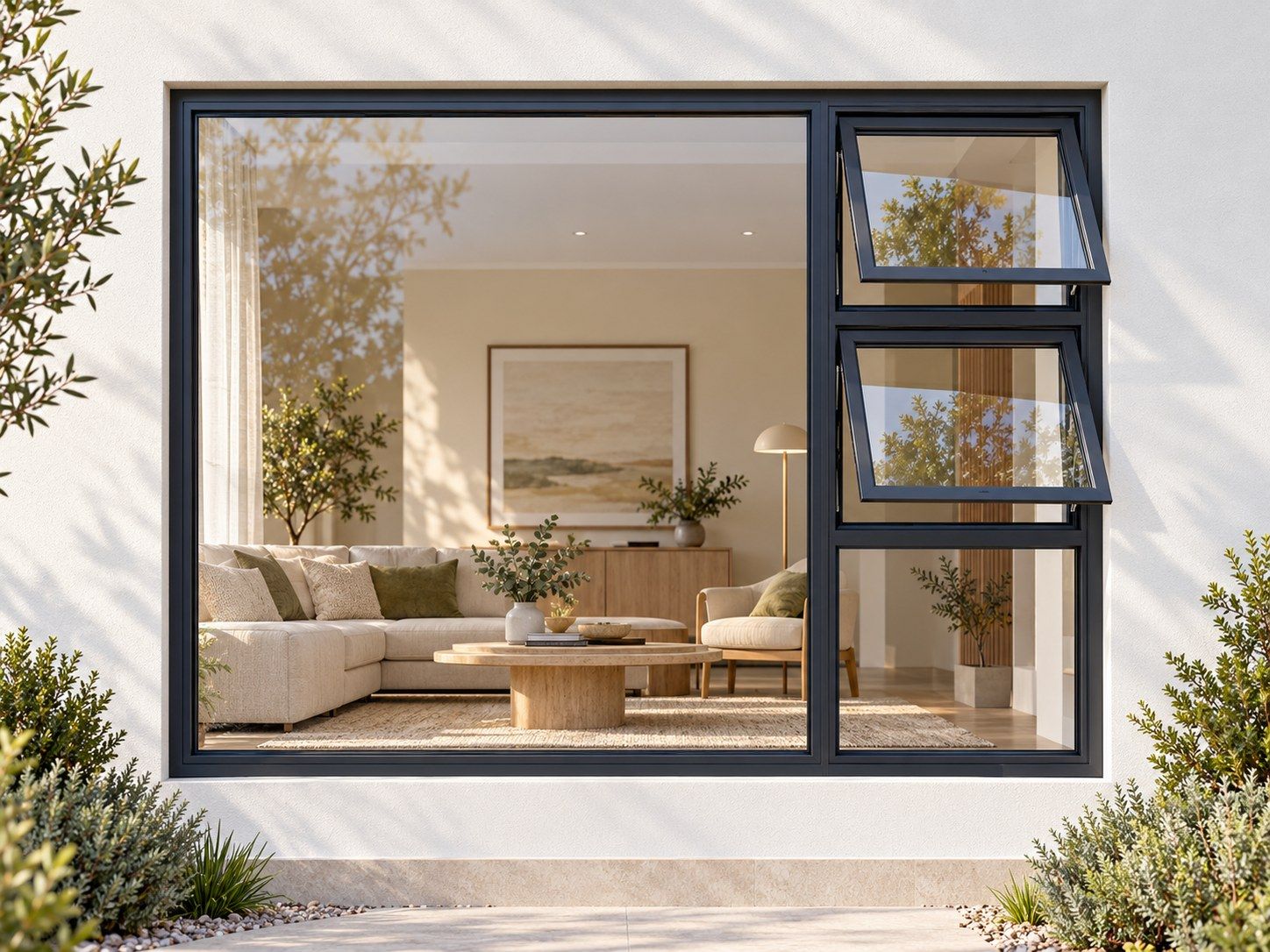Kenzo Premium Top-Hung Aluminium Window - Charcoal, 2400 1800 mm, Right Two Openers with Fixed Lower and Side Panes, Clear Glass