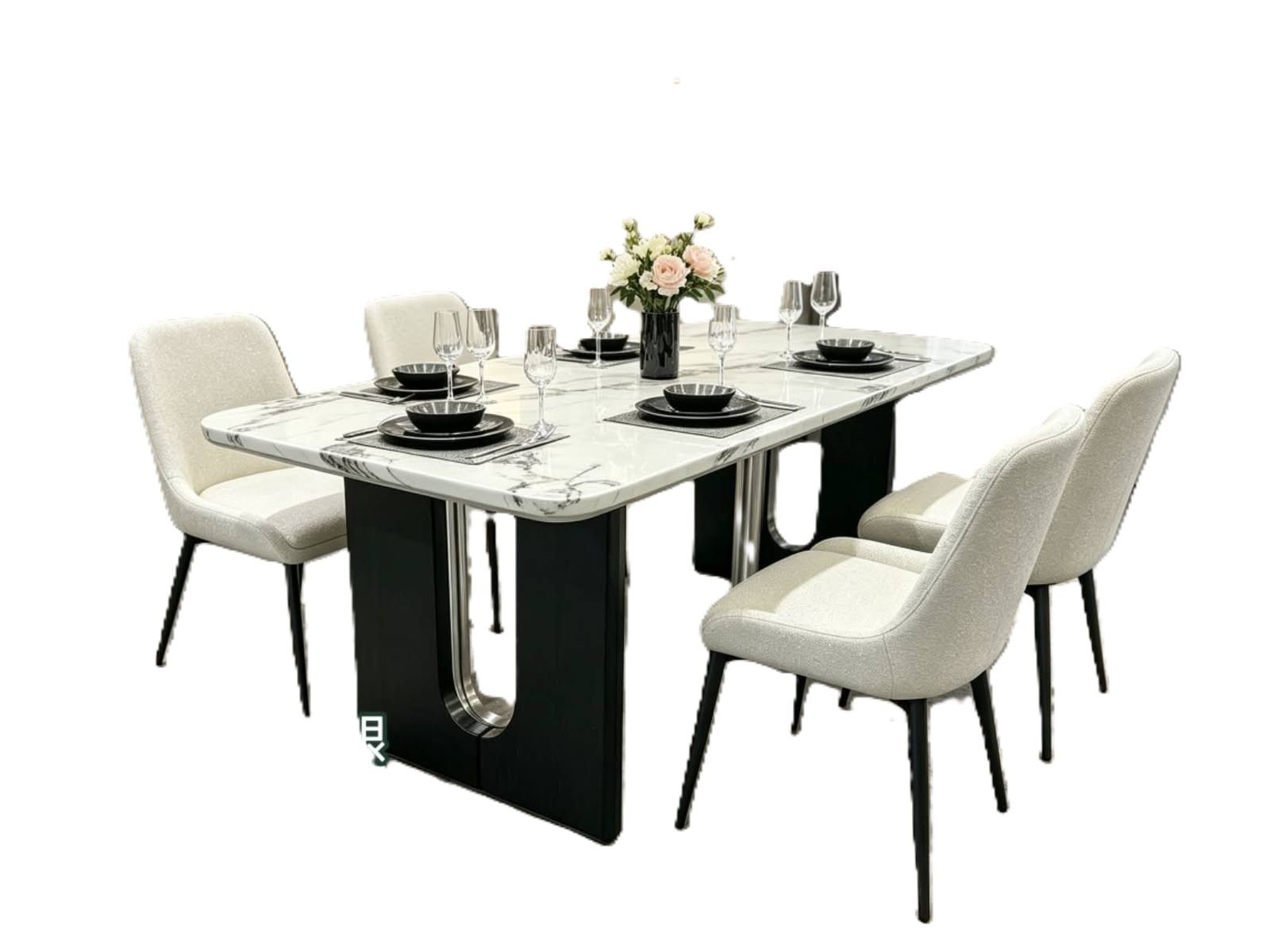 LBM FURN- Modern Marble-Top Dining Table & 4-Chair Dining Set
