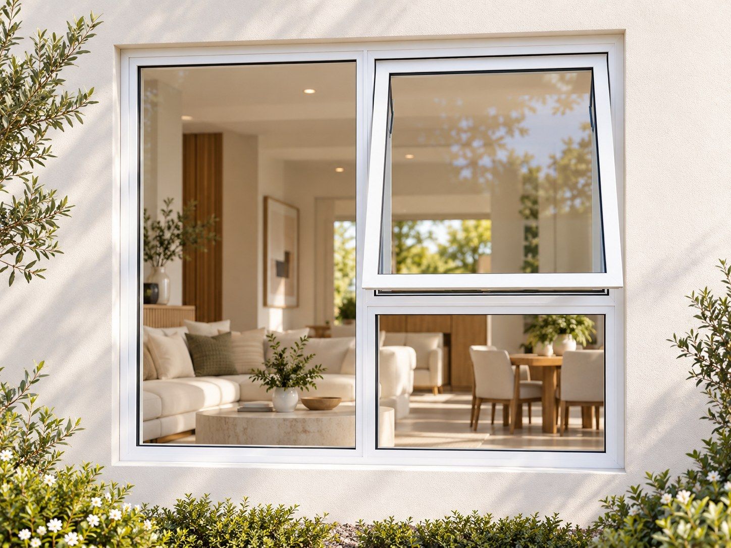 Kenzo Premium Top-Hung Aluminium Window - White, 1200 900 mm, Right Upper Opener with Fixed Lower and Side Panes, Clear Glass