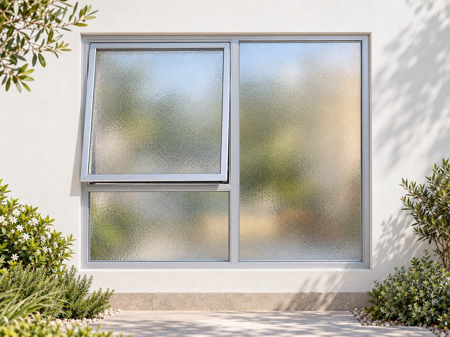 Kenzo Premium Top-Hung Aluminium Window - Silver, 1200 900 mm, Left Upper Opener with Fixed Lower and Side Panes, Obscure Safety Glass