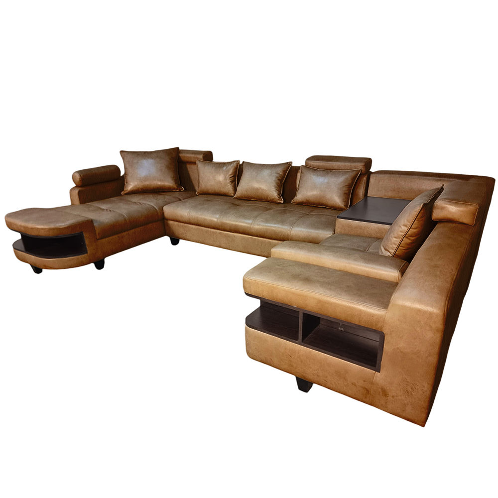 Clarence U Shape Sectional Corner Sofa- Faux Leather-Dark Brown