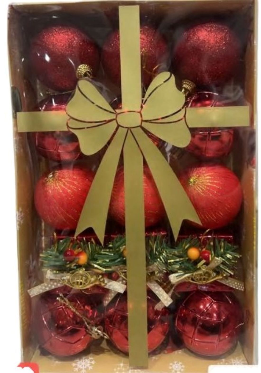 Christmas Tree Ornaments, 12-Piece Set, Glitter and Gold Baubles with Bow Design and Holly Berry Accents