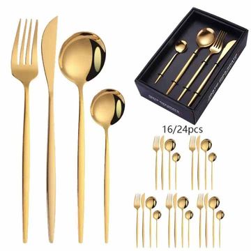 TOXIYA - 24 Piece Flatware Set, Stainless Steel Knife Fork Spoon, Home Dinnerware Tableware Set for 6, Cutlery Set, Include Knives/Forks/Spoons / Gold/