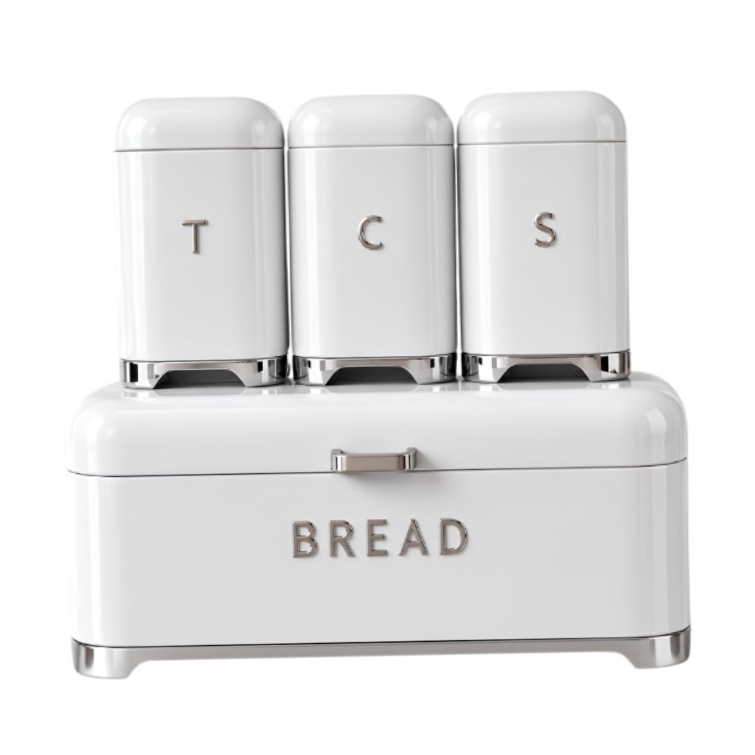 4-Piece Kitchen Countertop Storage Set – Gloss White Metal Bread Bin & Matching Tea, Coffee, Sugar Canisters with Silver Trim