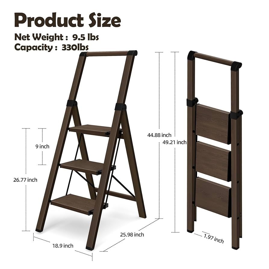 3 Step Foldable Aluminum Ladder-Brown