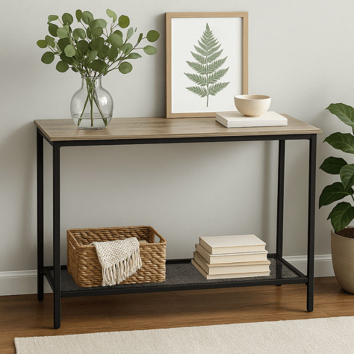Timberline Entryway Console Table – Stonewood Finish with Steel Mesh Shelf