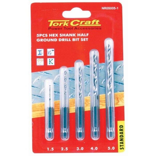 Drill Bit Set 5Pcs Hss Half Ground Hex Shank 1.5/2.5/3/4/5Mm Polished