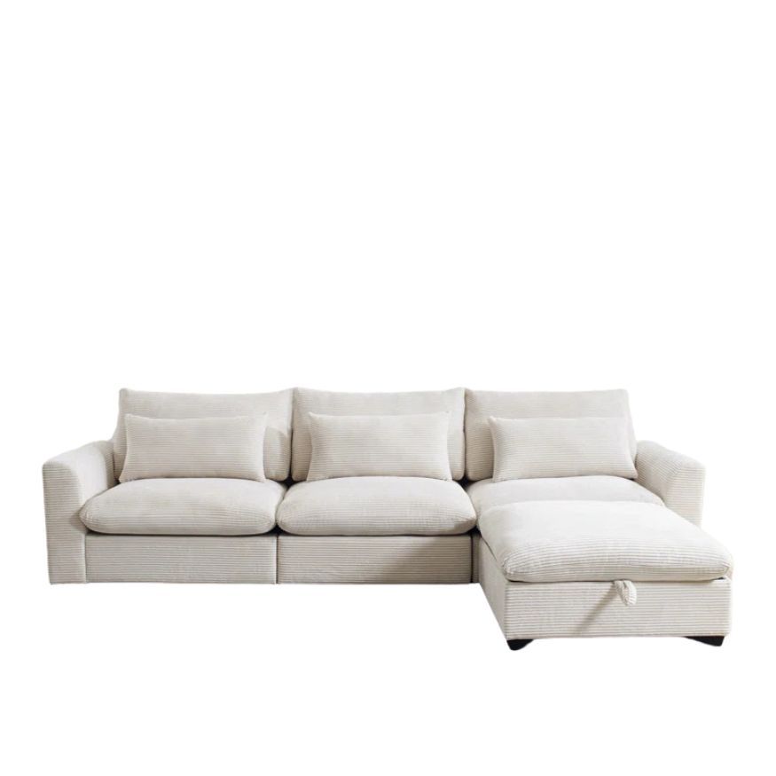 Enzo Sectional 3 Seater Sofa With Storage Ottoman- Cream