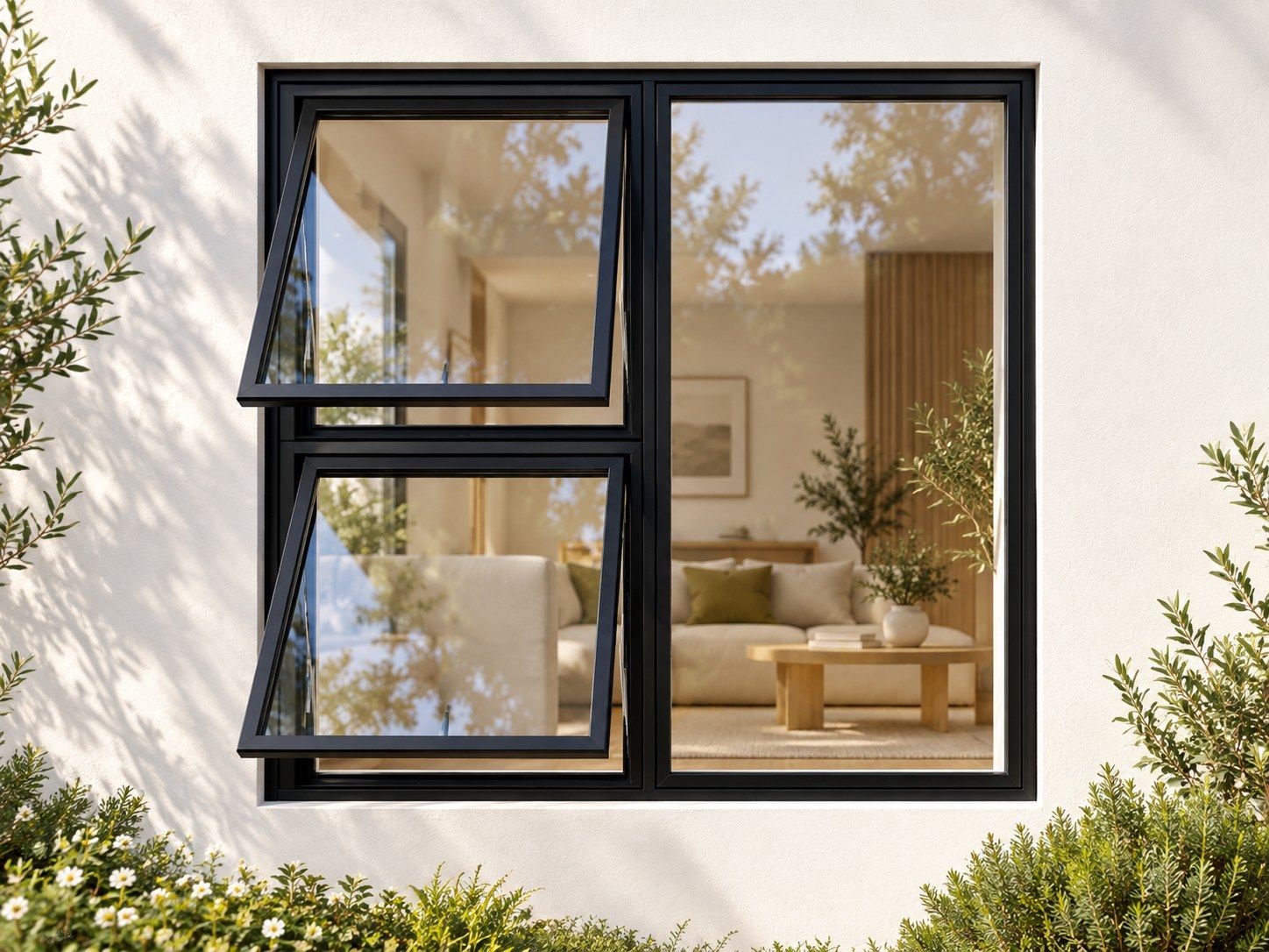 Kenzo Premium Top-Hung Aluminium Window - Black, 1200 1200 mm, Left Two Openers with Fixed Side Pane, Clear Glass