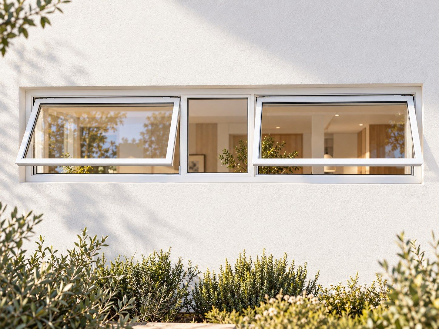 Kenzo Premium Top-Hung Aluminium Window - White, 1500 400 mm, Two Outer Openers with Fixed Centre, Clear Glass