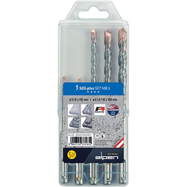 Alpen F4 Sds Drill Bit Set 5 Piece 5 6 X 110Mm 6 8 10 Mm X 160Mm In P