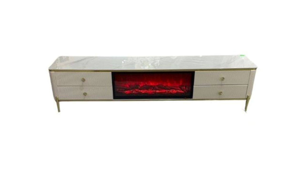 White Buttoned Electric Fireplace TV Stand