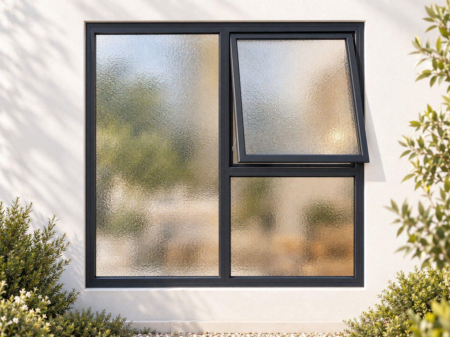 Kenzo Premium Top-Hung Aluminium Window - Charcoal, 1200 900 mm, Right Upper Opener with Fixed Lower and Side Panes, Obscure Safety Glass