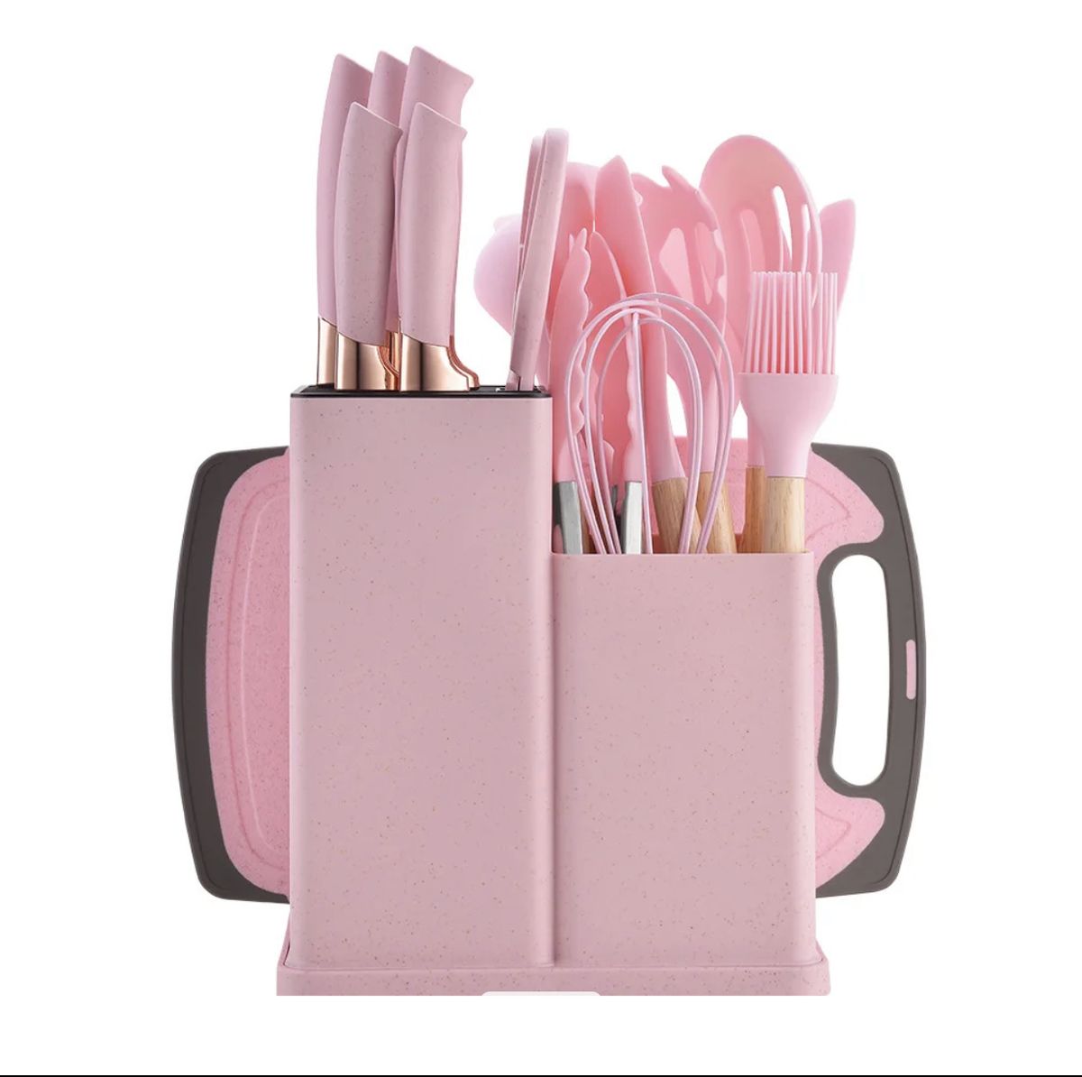 19 Piece Silicone Kitchen Set with Knives, Cutting Board and Storage Rack - Pink