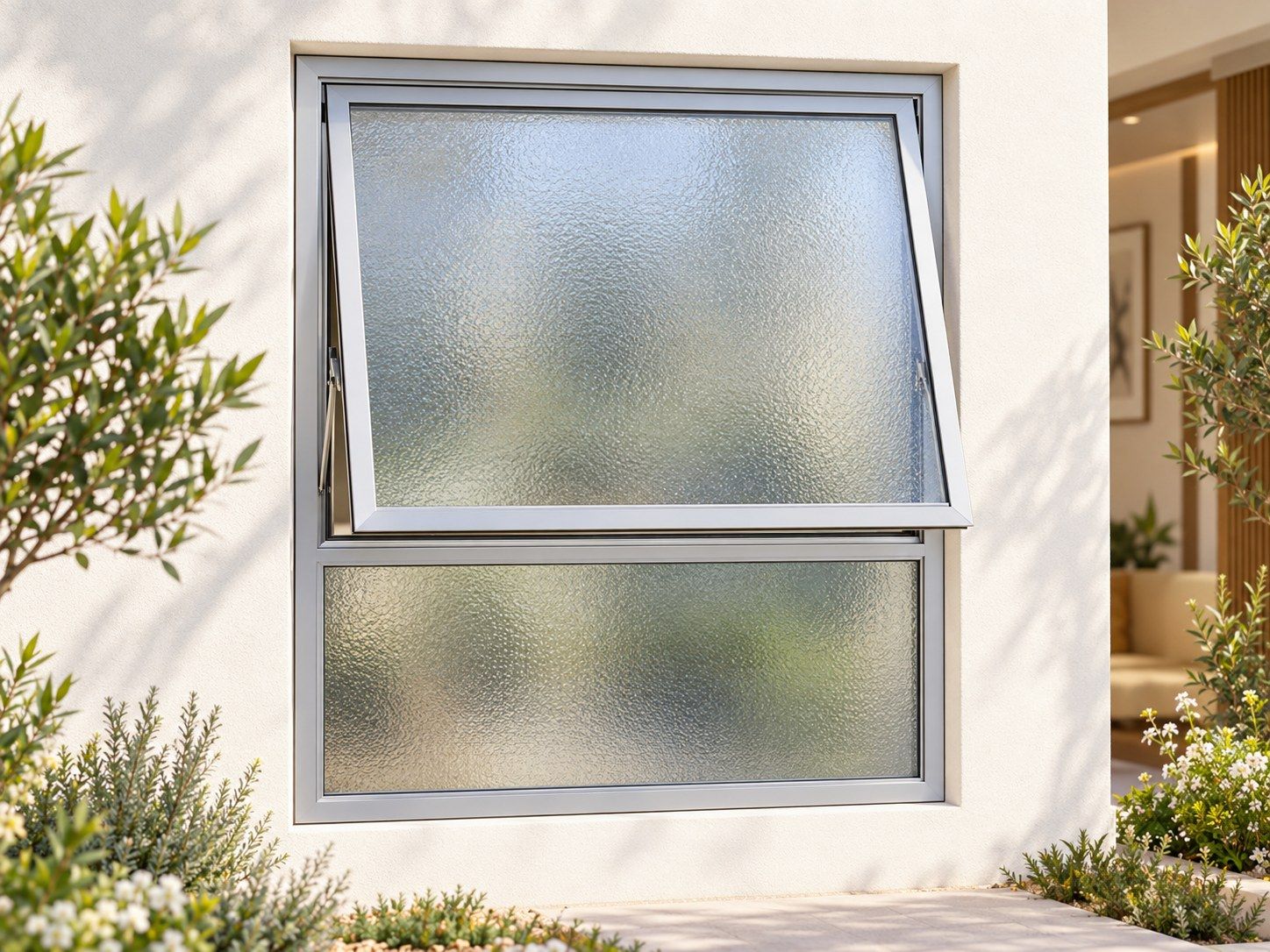 Kenzo Premium Top-Hung Aluminium Window - Silver, 900 900 mm, Upper Opener with Fixed Lower Pane, Obscure Safety Glass