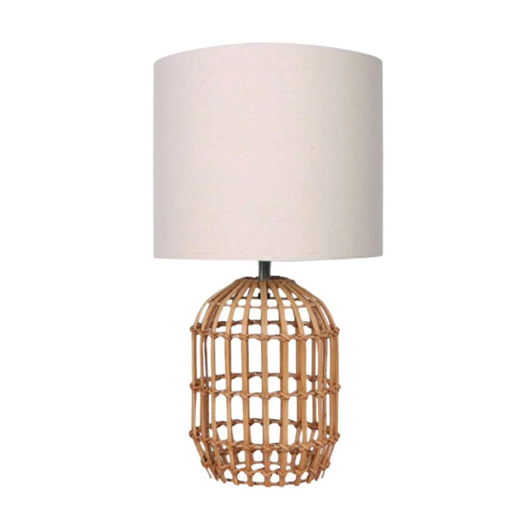 LAMP TABLE-RATTAN CAGE-CREAM FABRIC SHADE