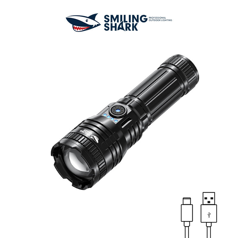 SmilingShark SD5243 LED Torch Light Super Bright M60 6000 Lumens Flashlight Zoomable Type-C Rechargeable 3modes with Battery Indicator Waterproof for Outdoor Camping Hiking Running